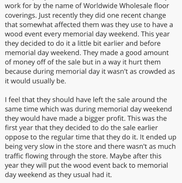 Solved work for by the name of Worldwide Wholesale floor | Chegg.com