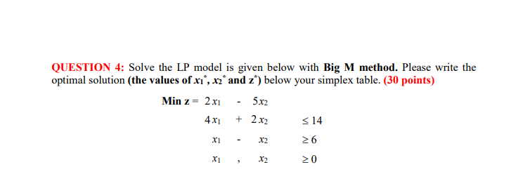 Solved QUESTION 4: Solve the LP model is given below with | Chegg.com