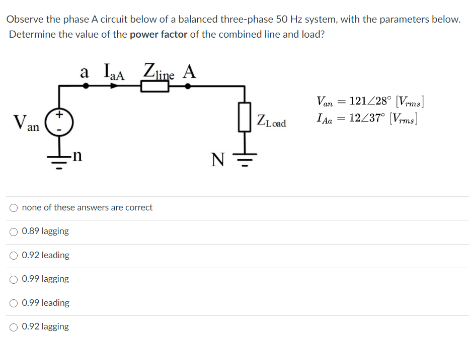 Solved Observe the phase A circuit below of a balanced | Chegg.com
