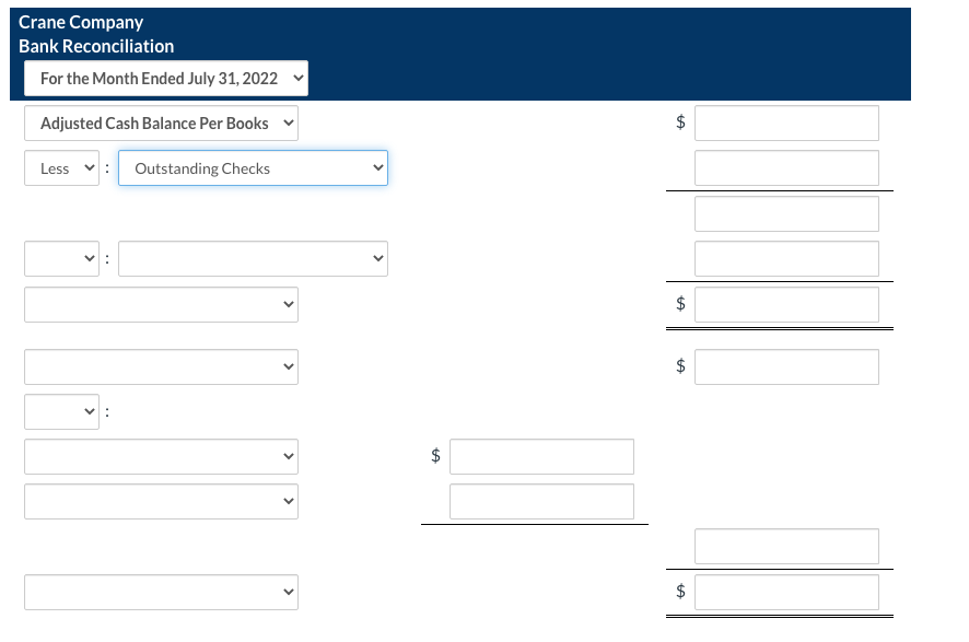 Solved Crane Company Bank Reconciliation For the Month Ended