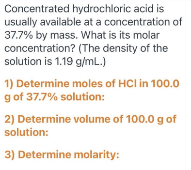 Solved Concentrated Hydrochloric Acid Is Usually Available | Chegg.com