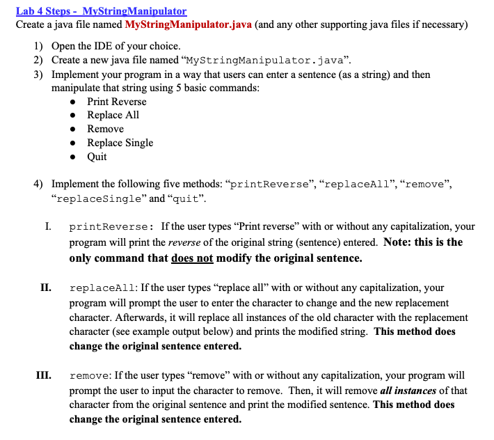 Solved Lab 4 Steps - MyStringManipulator Create a java file | Chegg.com image.