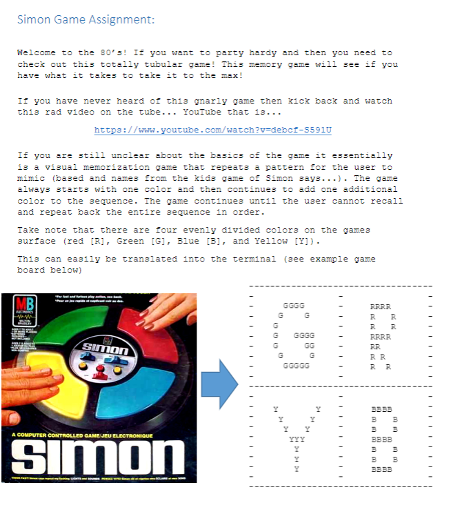 Simon Game Assignment Nelcome to the 80'3! I you want | Chegg.com