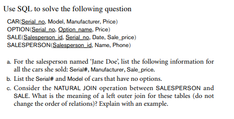 Solved Use SQL to solve the following question CAR(Serial | Chegg.com
