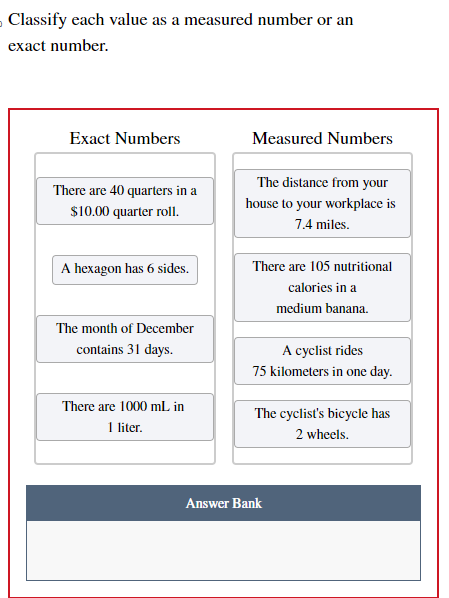 Classify each value as a measured number or an exact number.