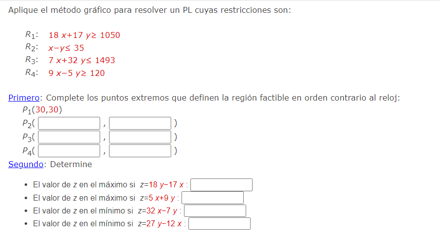 Aplique el método gráfico para resolver un PL cuyas restricciones son: \[ \begin{array}{ll} R_{1}: & 18 x+17 y \geq 1050 \\ R