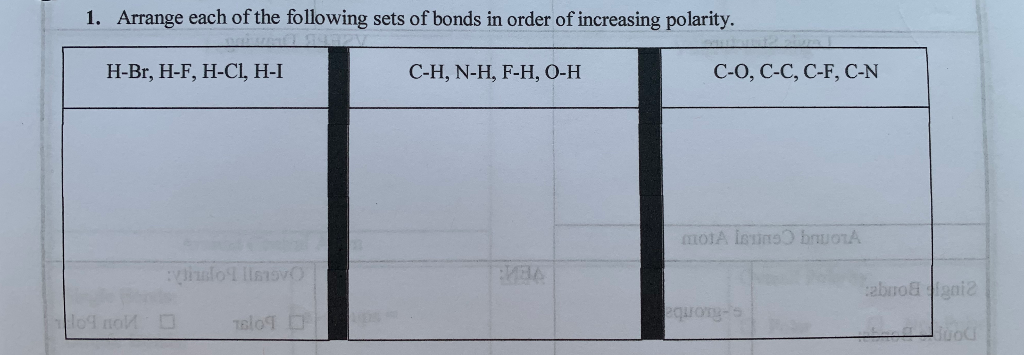 Solved 1 Arrange Each Of The Following Sets Of Bonds In Chegg Com