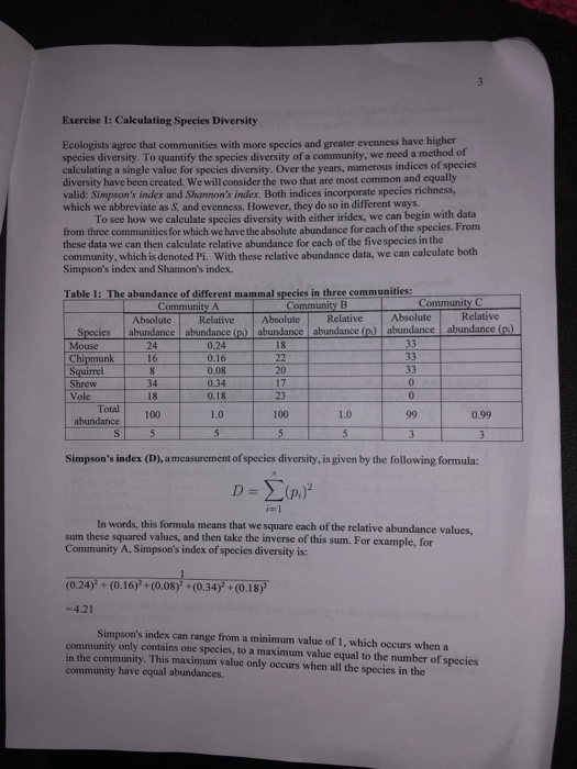 Solved Exercise 1-Calculating Species Diversity 1. Calculate | Chegg.com