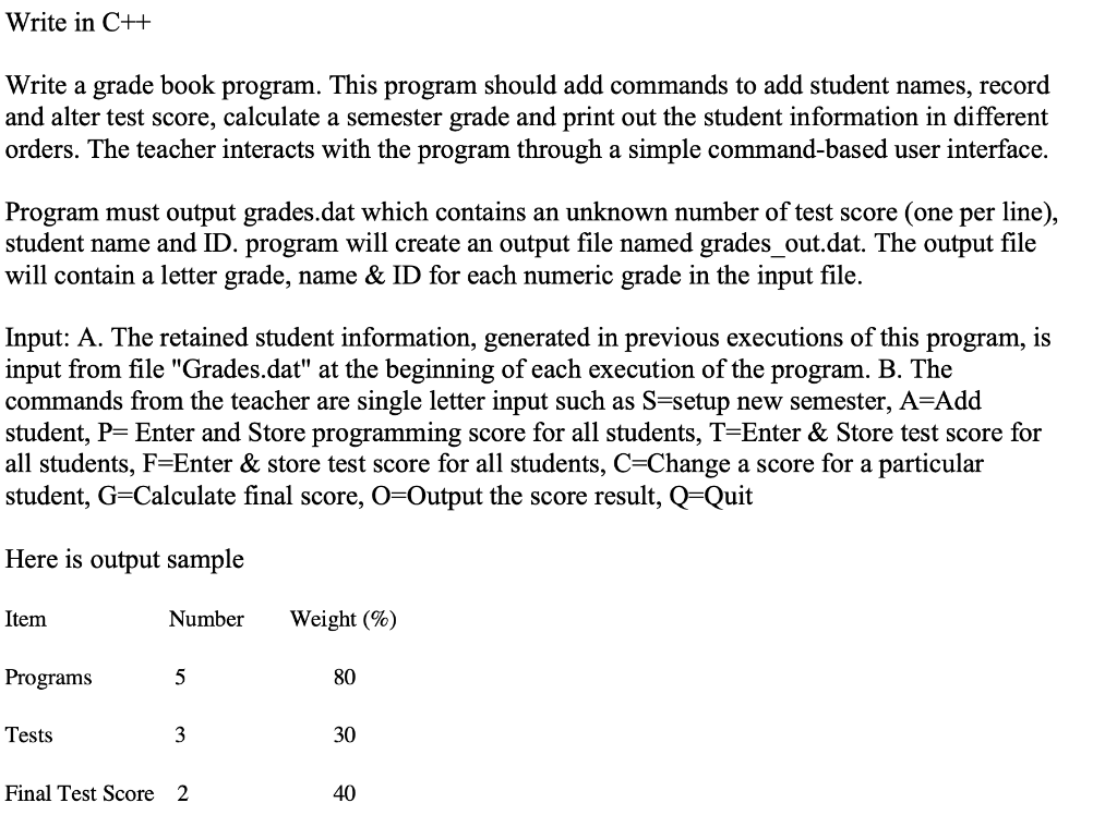 Solved Write in C++ Write a grade book program. This program | Chegg.com