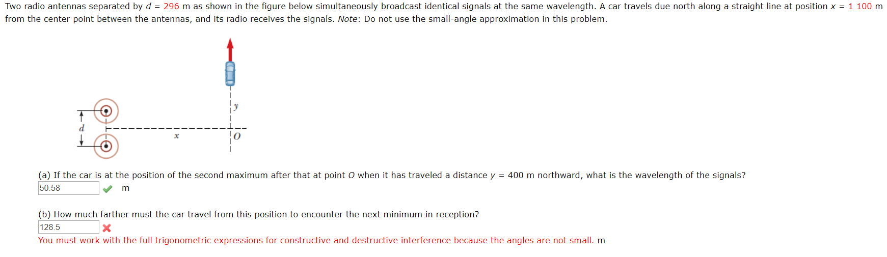 Solved Two radio antennas separated by d = 296 m as shown in