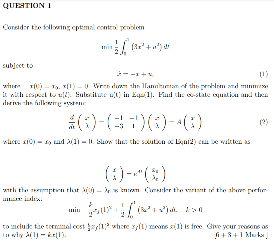 Solved QUESTION 1 Consider The Following Optimal Control | Chegg.com