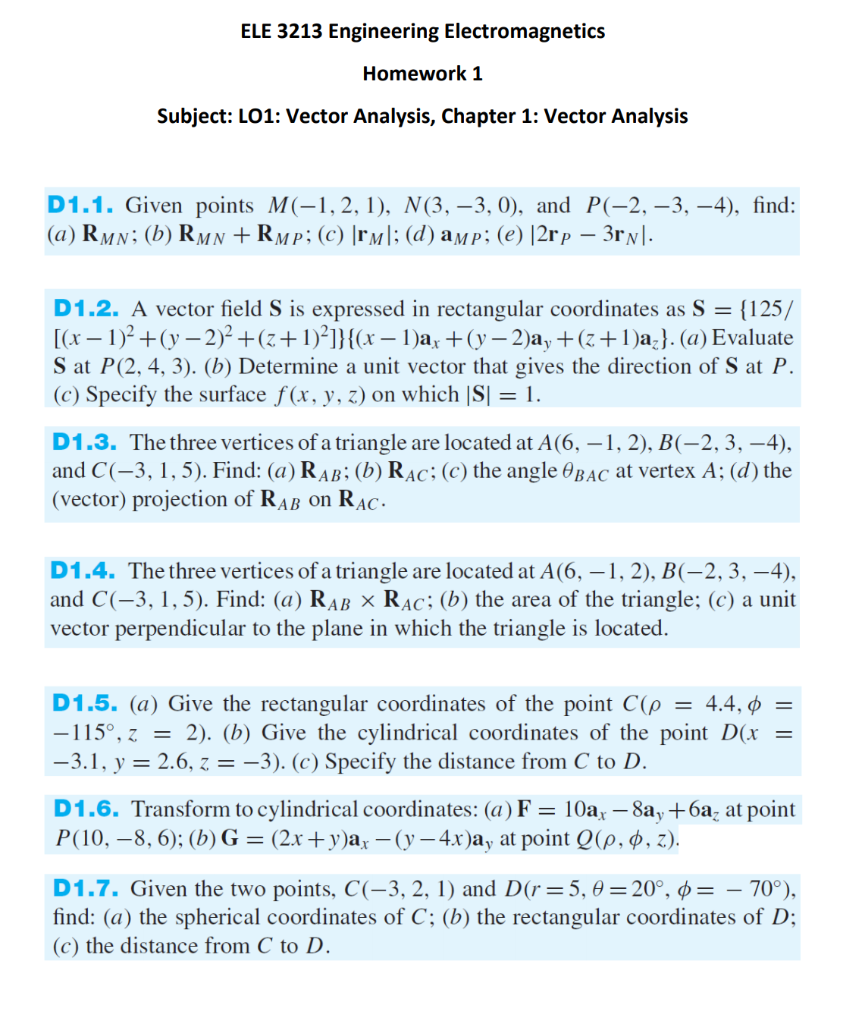 Solved Ele 3213 Engineering Electromagnetics Homework 1 Chegg Com