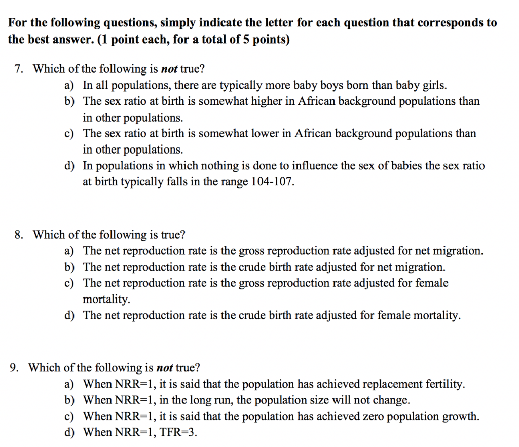 Solved For the following questions, simply indicate the | Chegg.com