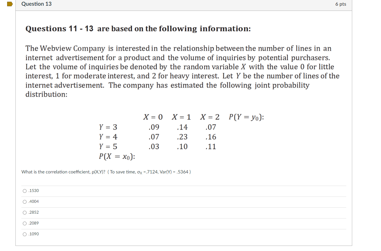 Solved Question 13 6 pts Questions 11 - 13 are based on the | Chegg.com