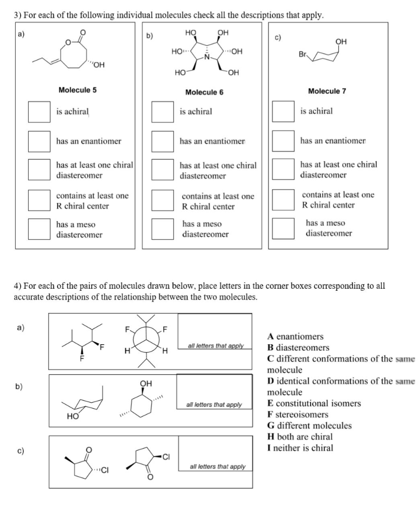 Solved 3) For each of the following individual molecules | Chegg.com