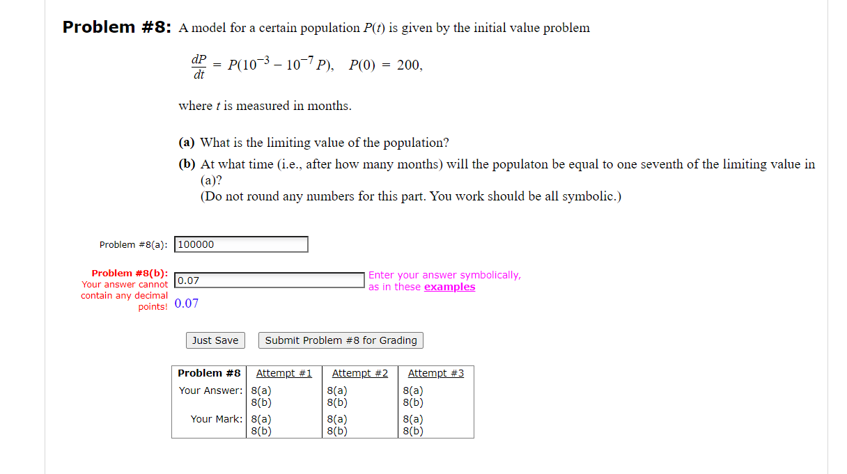 Solved Problem \# 8: A Model For A Certain Population P(t) | Chegg.com