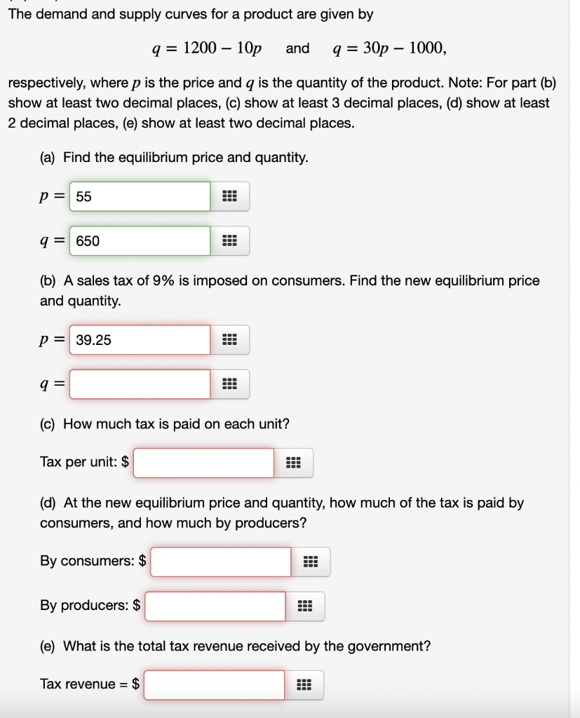Solved The demand and supply curves for a product are given | Chegg.com