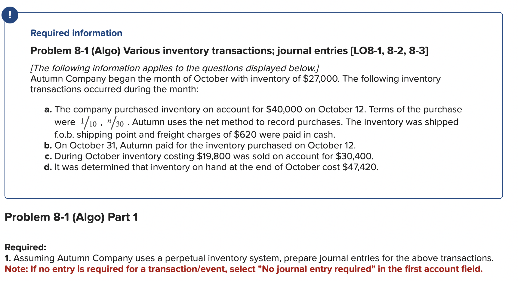 Solved Problem 8-1 (Algo) Various Inventory Transactions; | Chegg.com