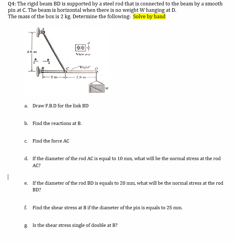 Solved Q4: The Rigid Beam BD Is Supported By A Steel Rod | Chegg.com