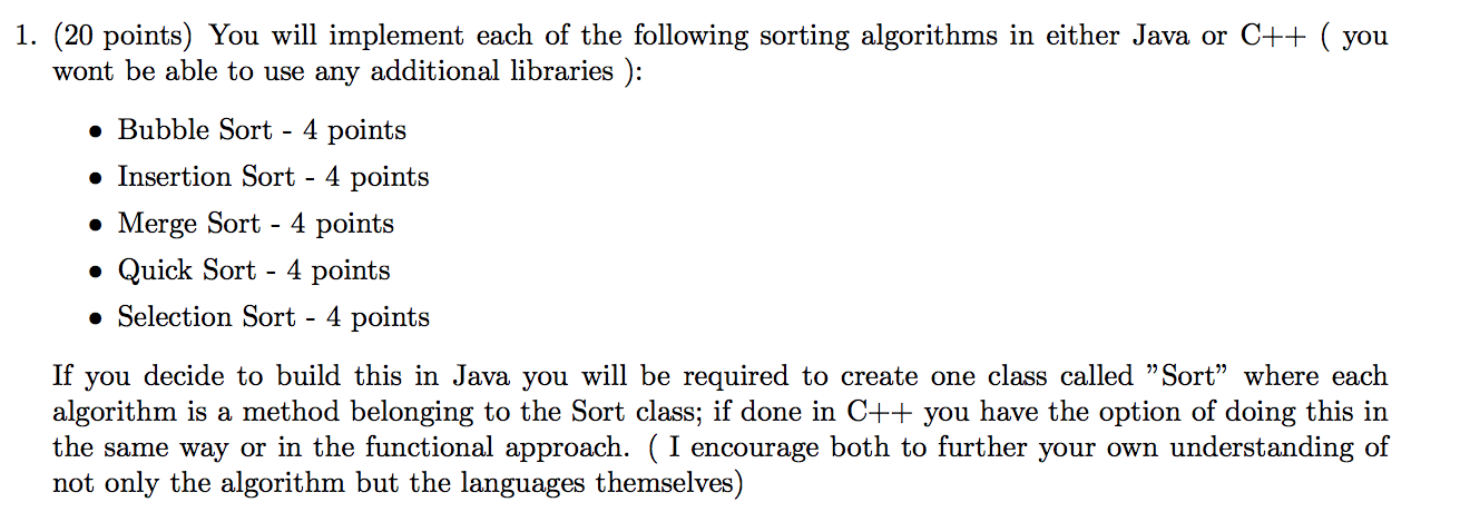 geeksforgeeks - sorting practice questions! https: ... Solved 1. (20 points) You will implement each of the | Chegg.com