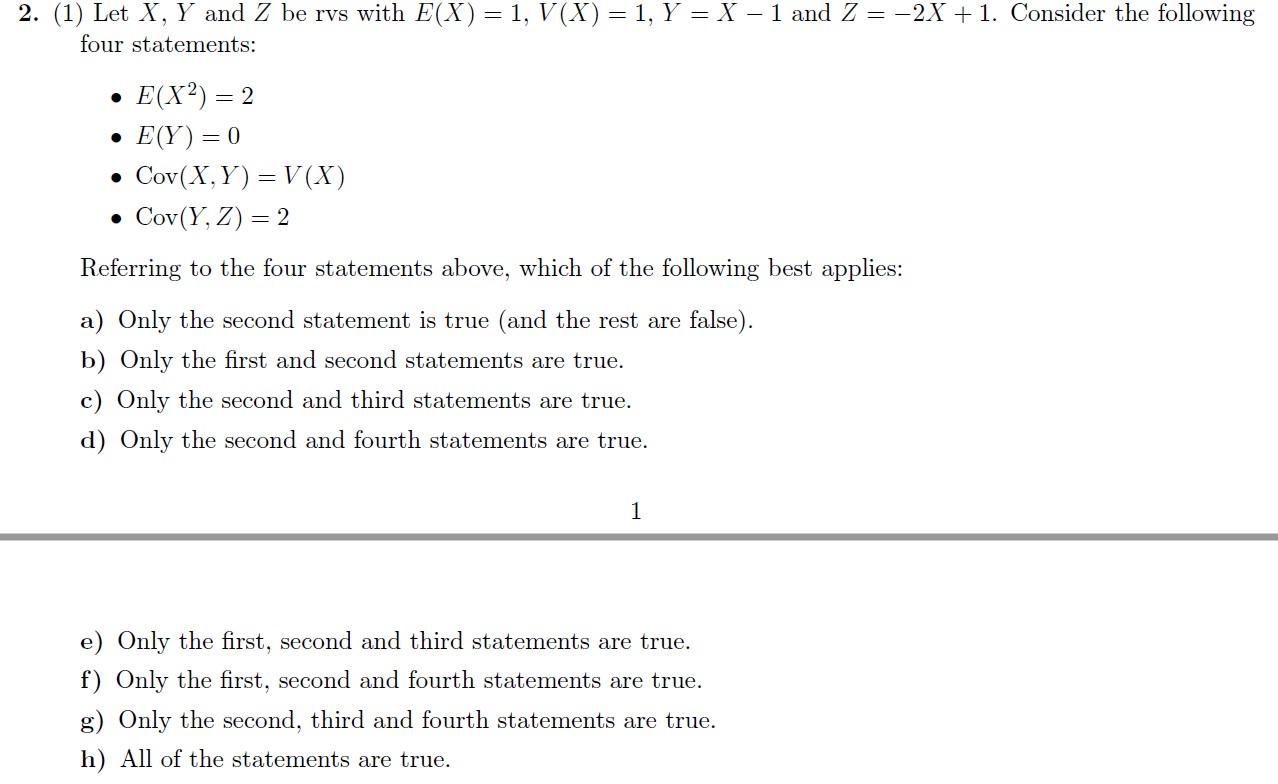 Solved 2 1 Let X Y And Z Be Rvs With E X 1 V X Chegg Com