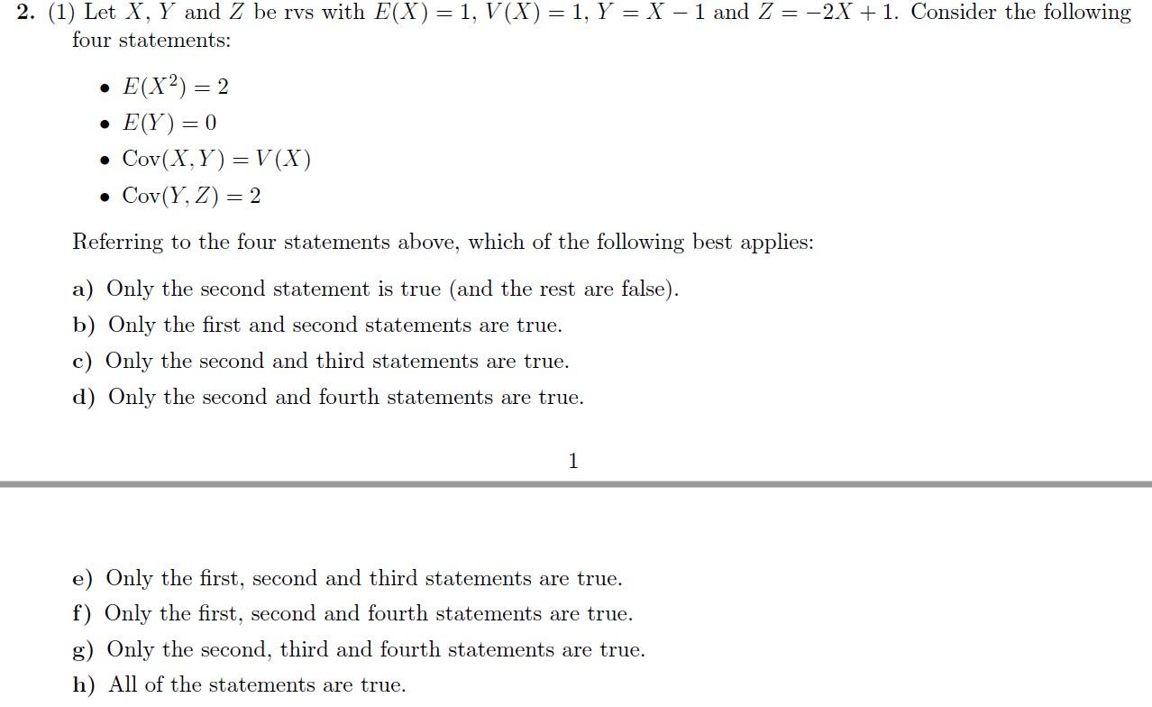 Solved 2 1 Let X Y And Z Be Rvs With E X 1 V X Chegg Com