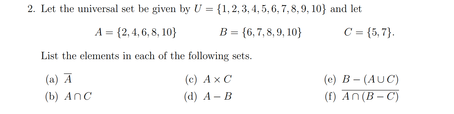 Solved 2. Let The Universal Set Be Given By | Chegg.com