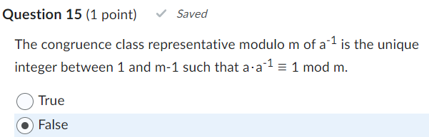 Solved Question 15 (1 ﻿point) ﻿SavedThe Congruence Class | Chegg.com