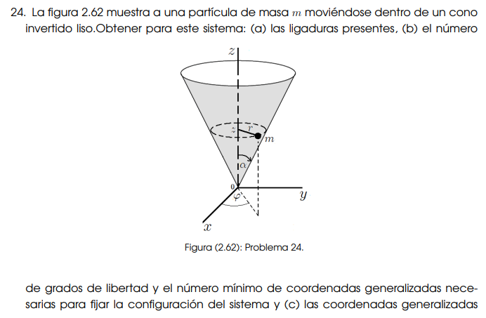 24. La figura 2.62 muestra a una partícula de masa \( m \) moviéndose dentro de un cono invertido liso.Obtener para este sist