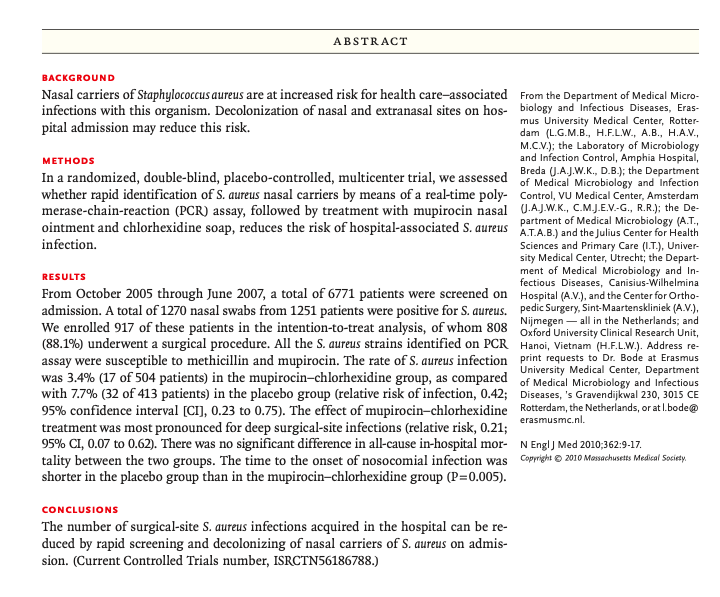 ABSTRACT RESULTS BACKGROUND Nasal carriers of Staphylococcus aureus are at increased risk for health care-associated from the