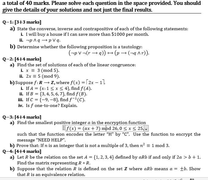 Solved A Total Of 40 Marks. Please Solve Each Question In | Chegg.com