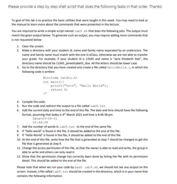 Solved Please provide a step by step shell script that does | Chegg.com