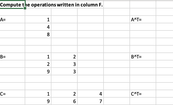 Compute the operations written in column F.Compute | Chegg.com