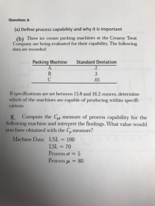 Solved Question: 6 (a) Define process capability and why it | Chegg.com