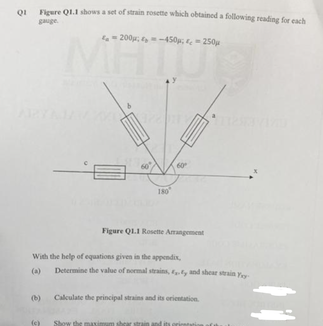 Solved Q1 ﻿Figure Q1.1 ﻿shows a set of strain rosette which | Chegg.com
