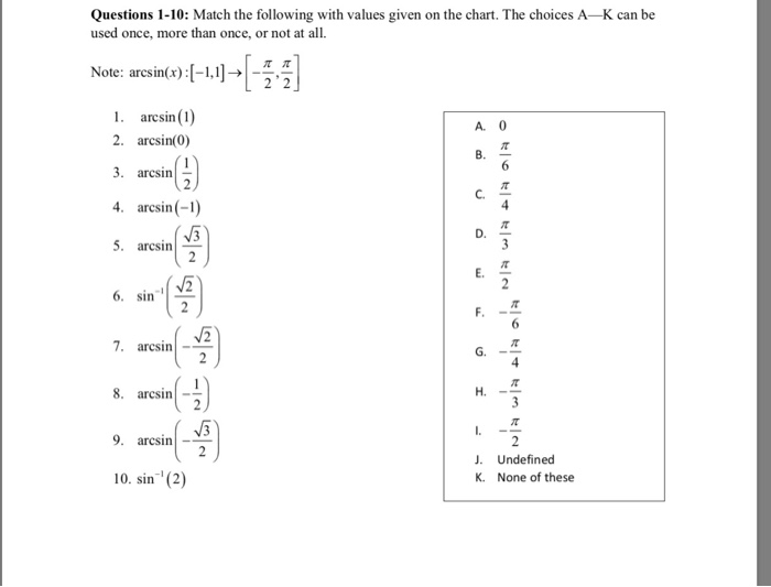 Solved Questions 1-10: Match the following with values given | Chegg.com