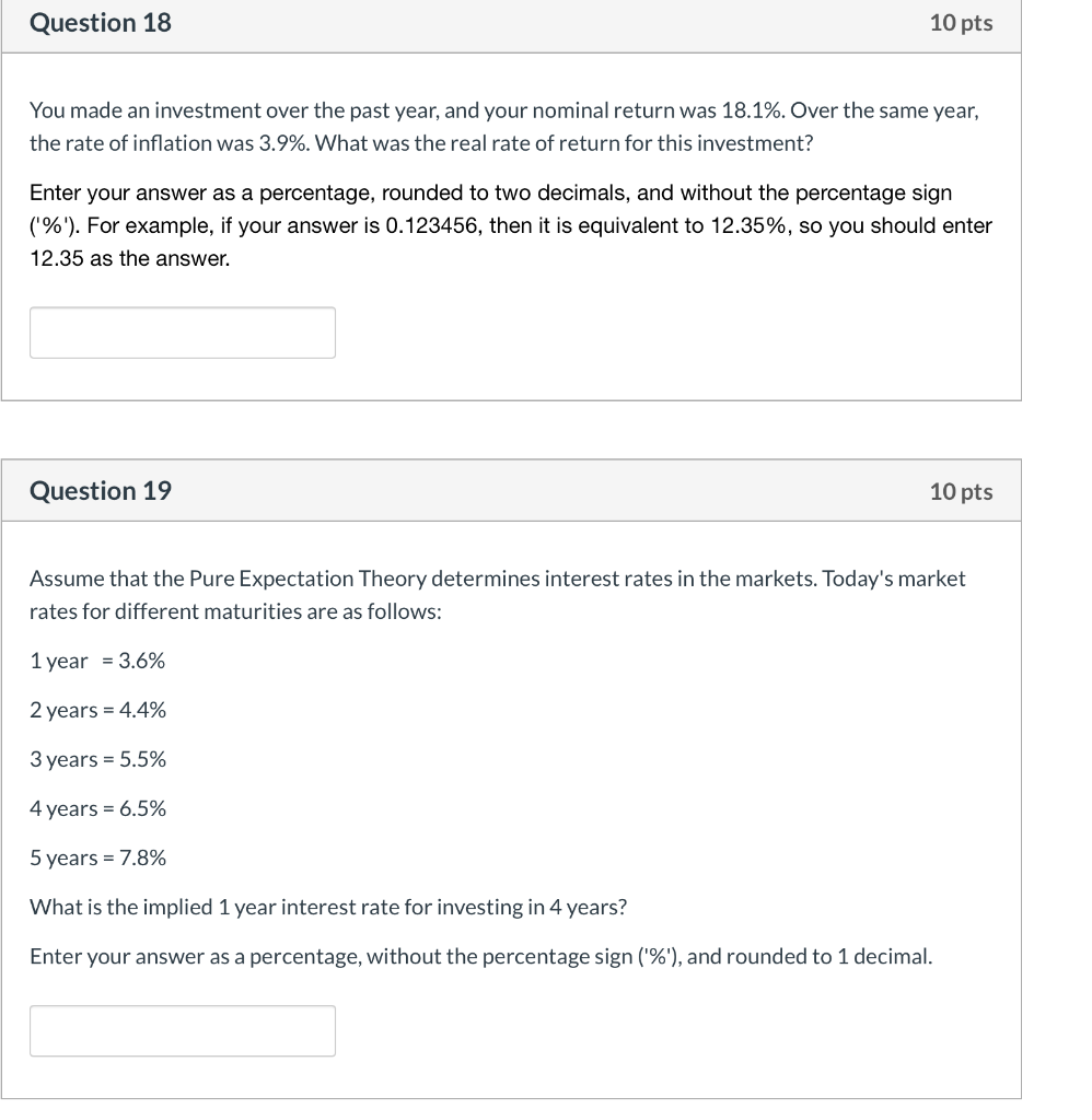 Solved Question 18 10 pts You made an investment over the | Chegg.com