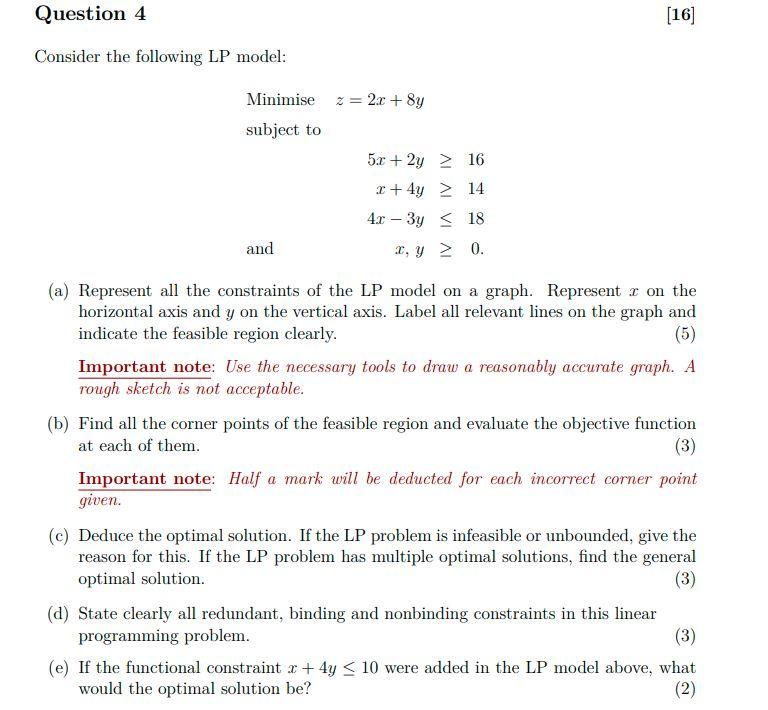 Solved Question 4 [16] Consider The Following LP Model: | Chegg.com