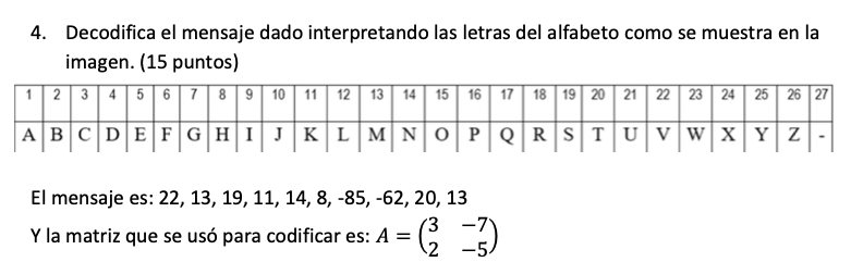 4. Decodifica el mensaje dado interpretando las letras del alfabeto como se muestra en la imagen. (15 puntos) El mensaje es: