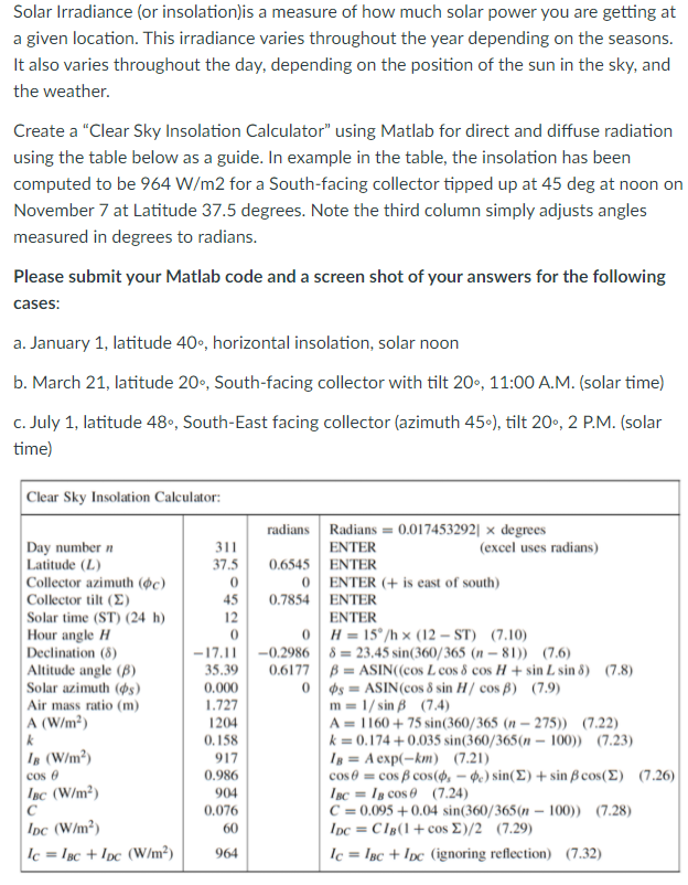 Solar Irradiance (or insolation)is a measure of how | Chegg.com