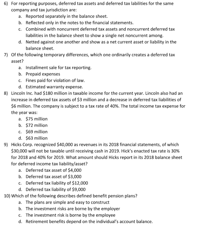 Solved 6) For Reporting Purposes, Deferred Tax Assets And 