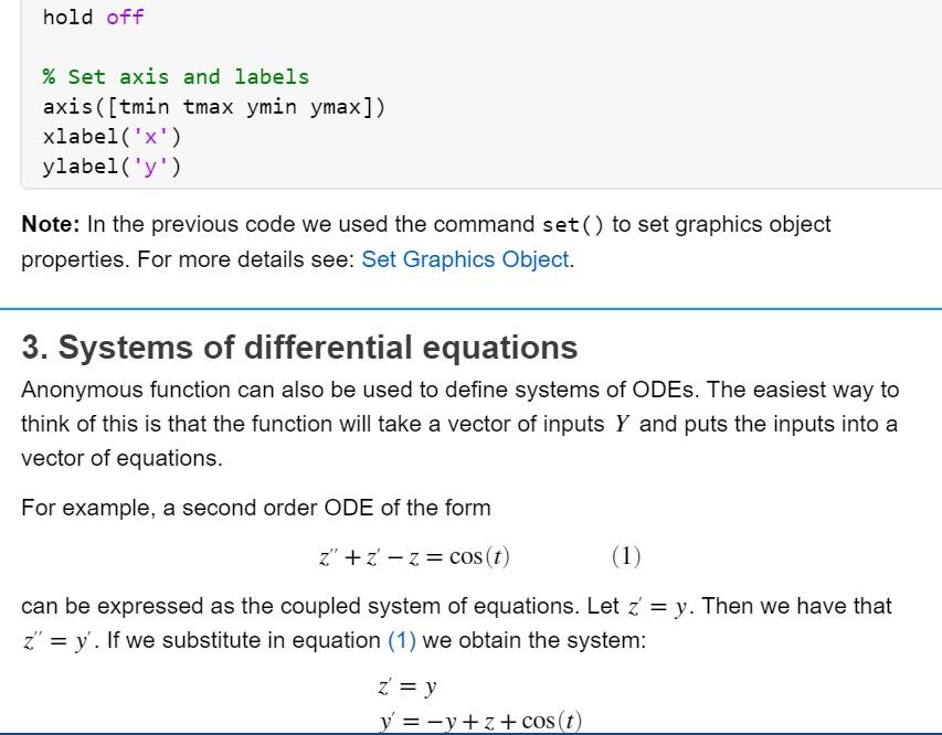 hold off
\% Set axis and labels
axis([tmin tmax ymin ymax])
xlabel( \( x \) )
ylabel( \( y \) )
Note: In the previous cod