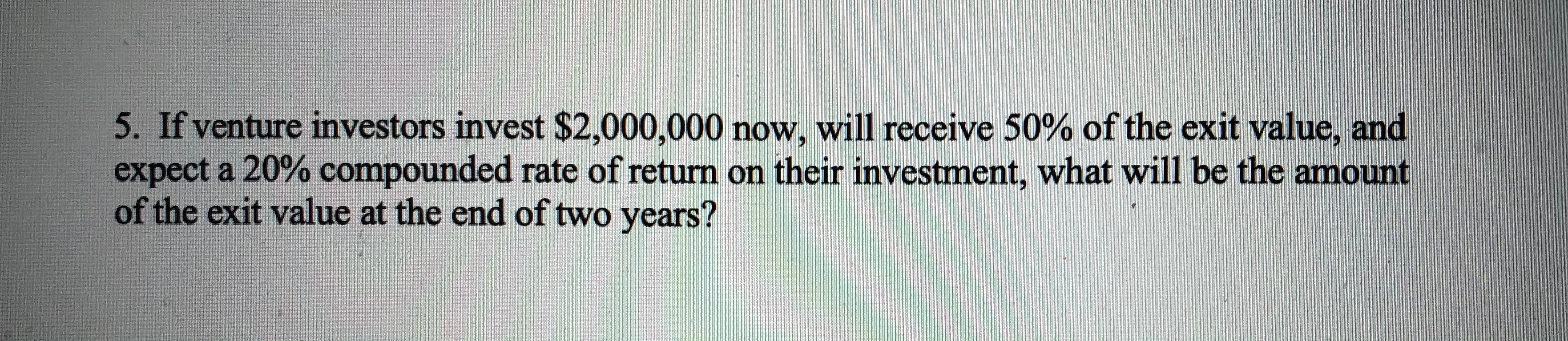 Solved 5. If Venture Investors Invest $2,000,000 Now, Will | Chegg.com