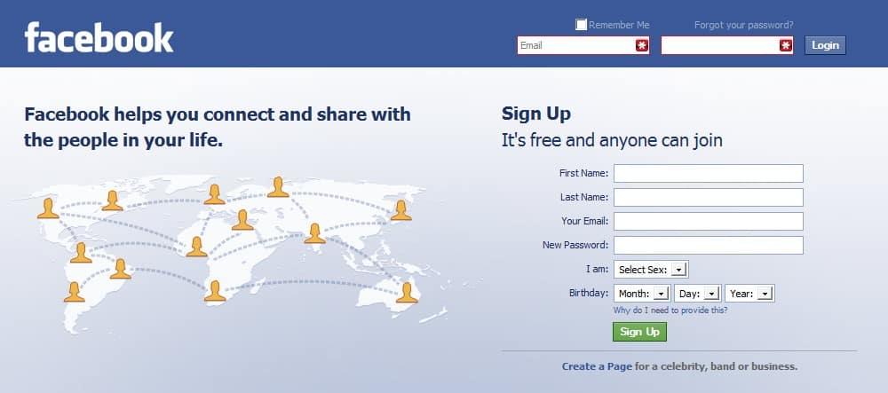 facebook old sign up page