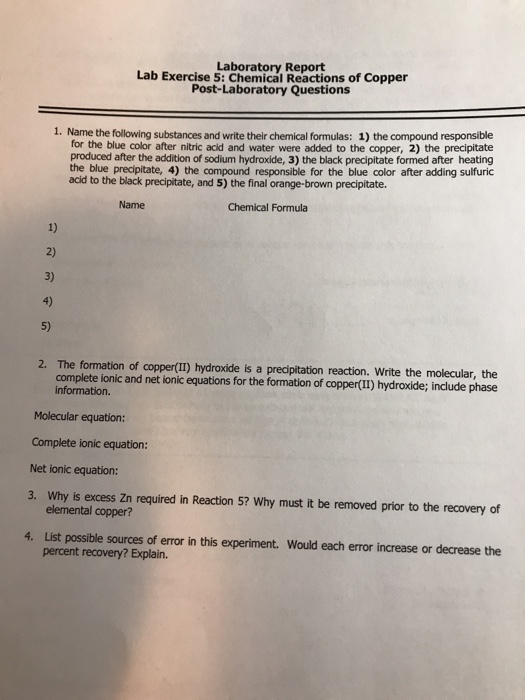 Solved Laboratory Report Lab Exercise 5 Chemical Reactions