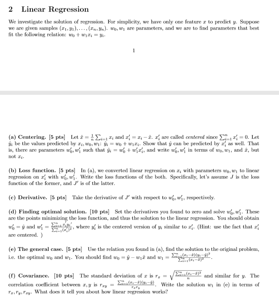 Solved 2 Linear Regression We Investigate The Solution Of Chegg Com