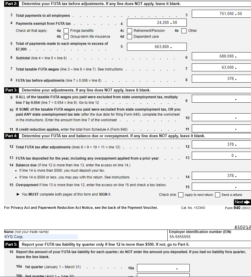 Complete Form 940 for KYG Corp. (employer