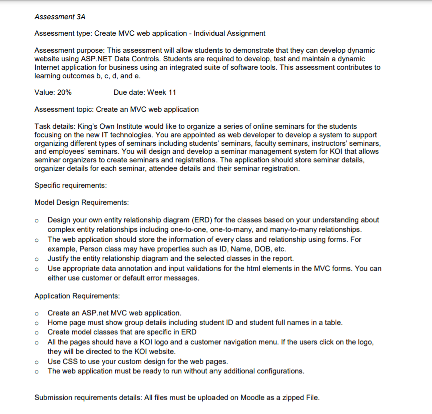 Assessment 3a Assessment Type Create Mvc Web Chegg Com