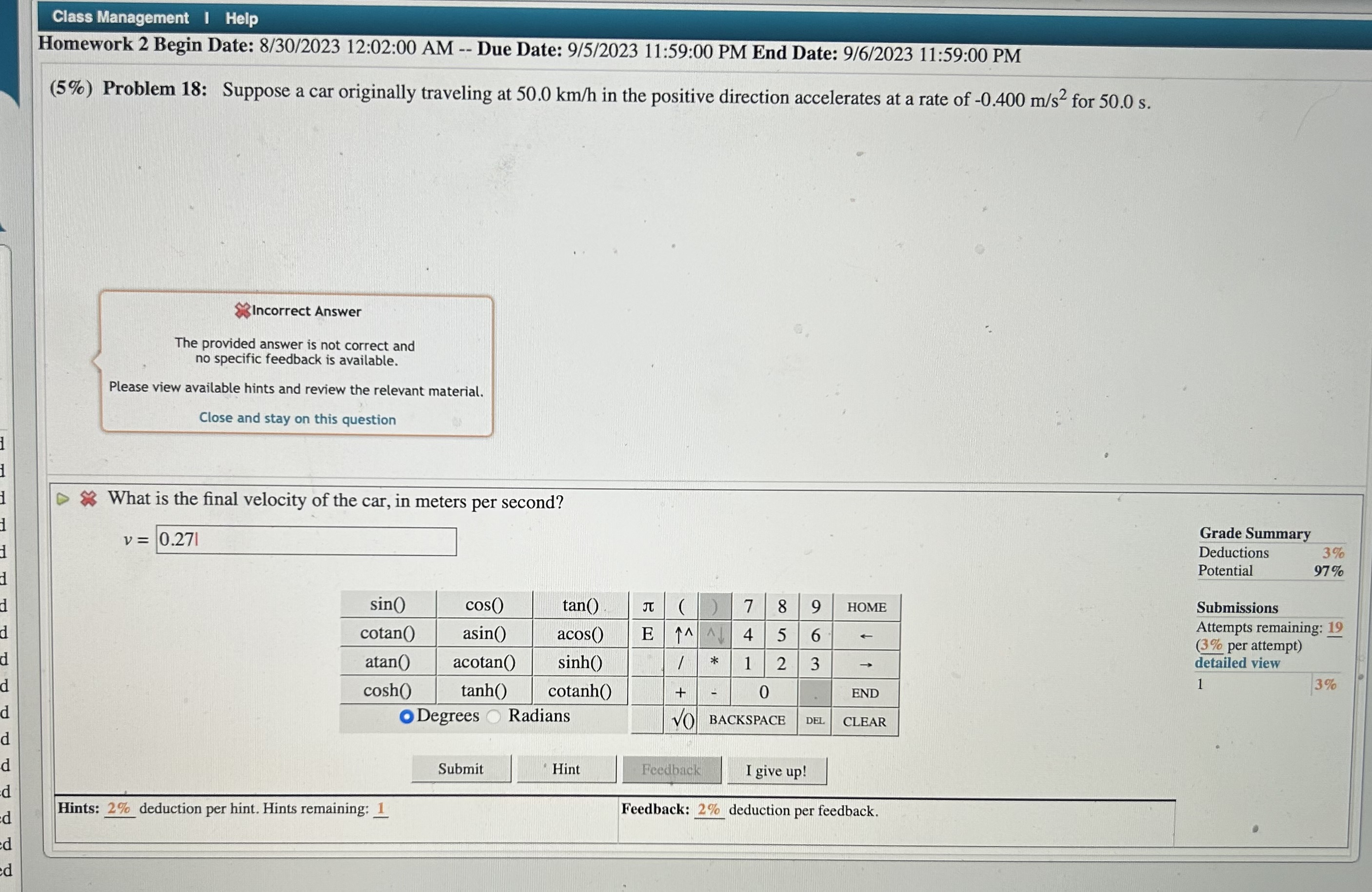 Solved 5\%) Problem 18: Suppose a car originally traveling | Chegg.com