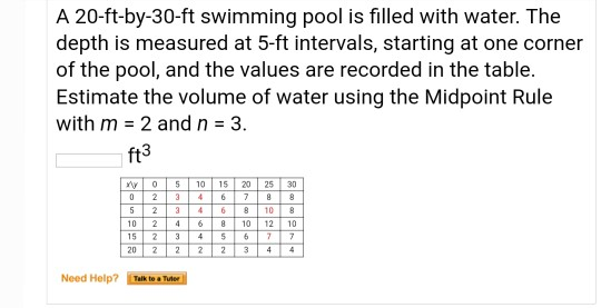 Solved A 20-ft-by-30-ft swimming pool is filled with water. | Chegg.com